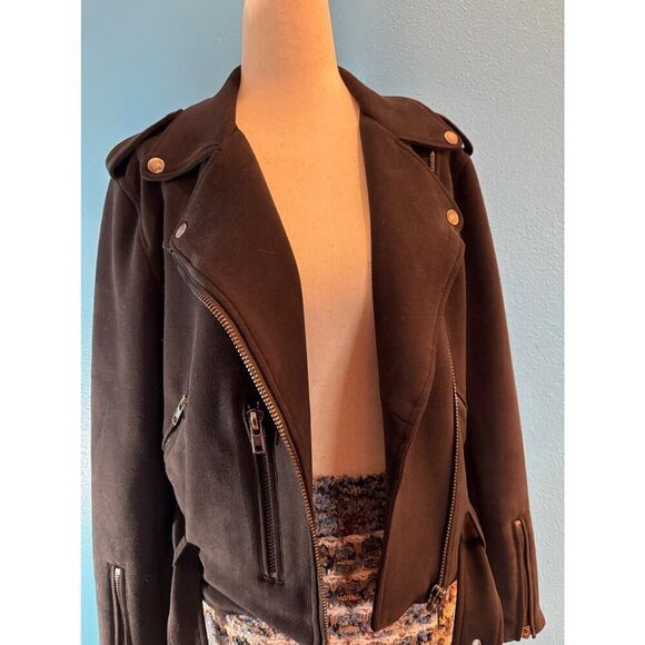 Sans Souci Faux Suede Moto Jacket Attached Belt Zipper Close & Pockets S - Picture 2 of 8
